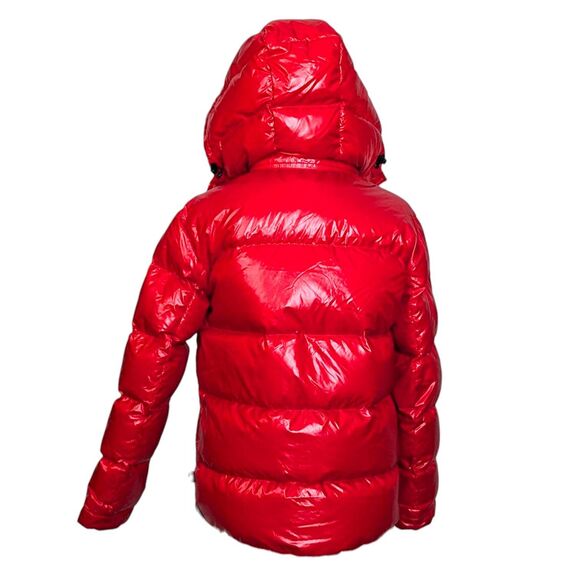 Aritzia The Super Puff Original XS Red Hooded 700 Fill Down Short Jacket Glossy - Picture 3 of 16